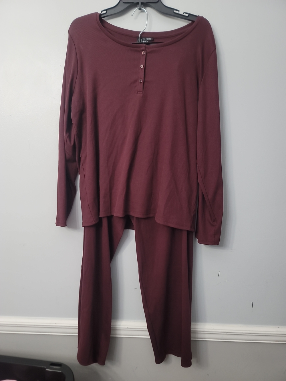 Eileen Fisher Organic Cotton Cozy Long Sleeve Henley Pajama Set - Deep Wi Ðne